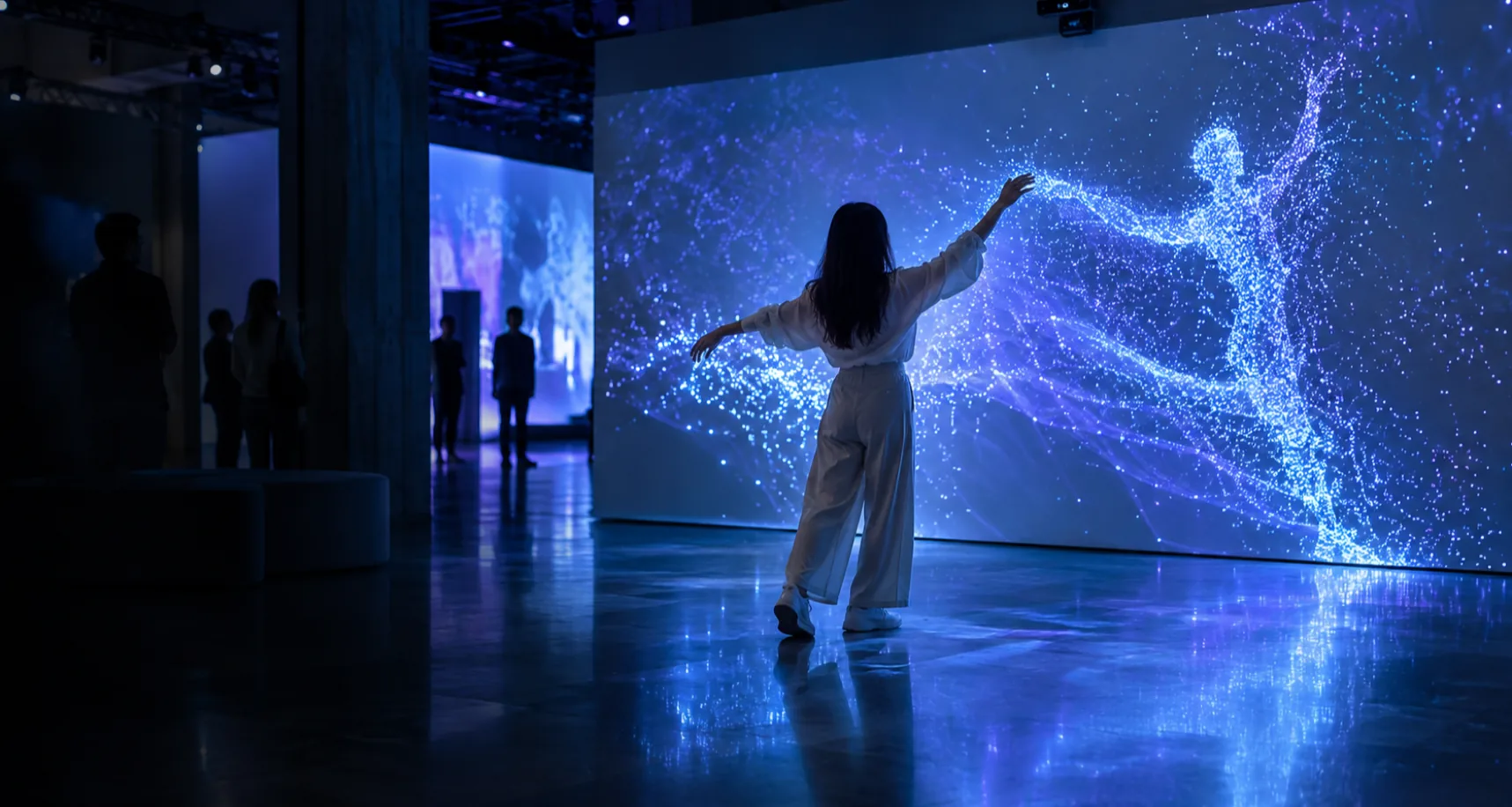 Visitor interacting with a camera-powered AI projection experience