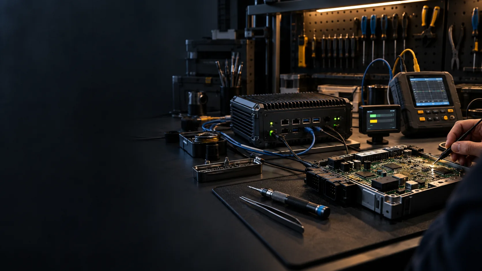 Technician diagnosing an integrated computer and electronic control system at a hardware workbench