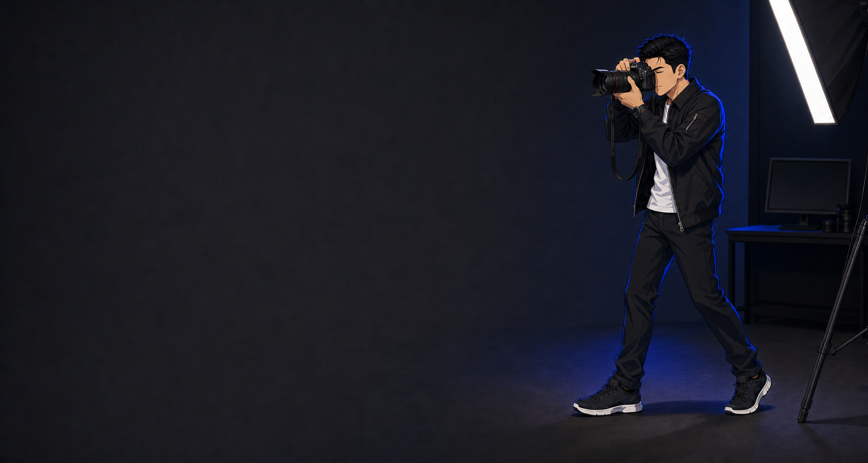 Anime illustration of the Kaynx1 creator using a professional mirrorless camera
