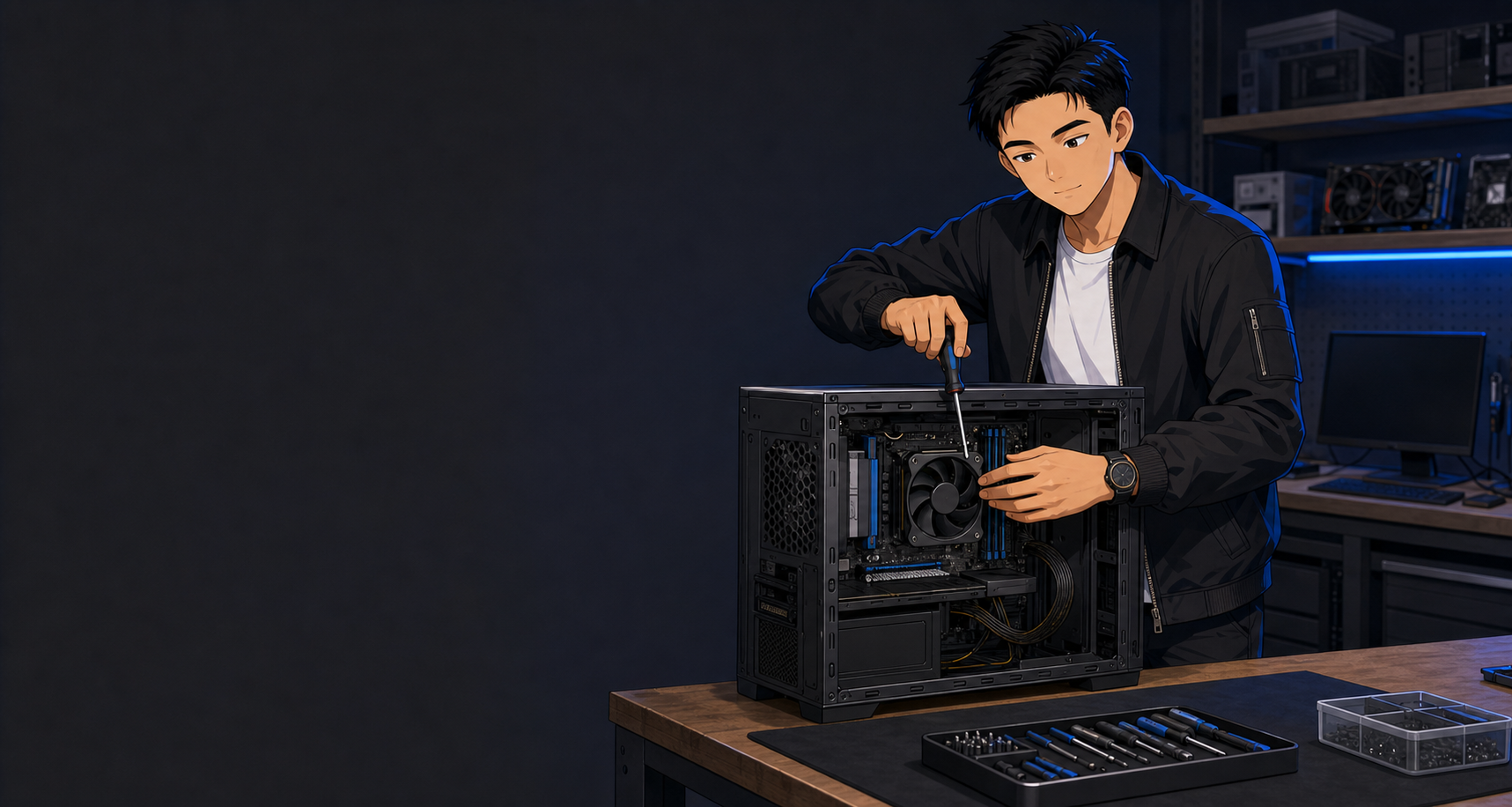 Anime illustration of the Kaynx1 creator repairing an open desktop computer