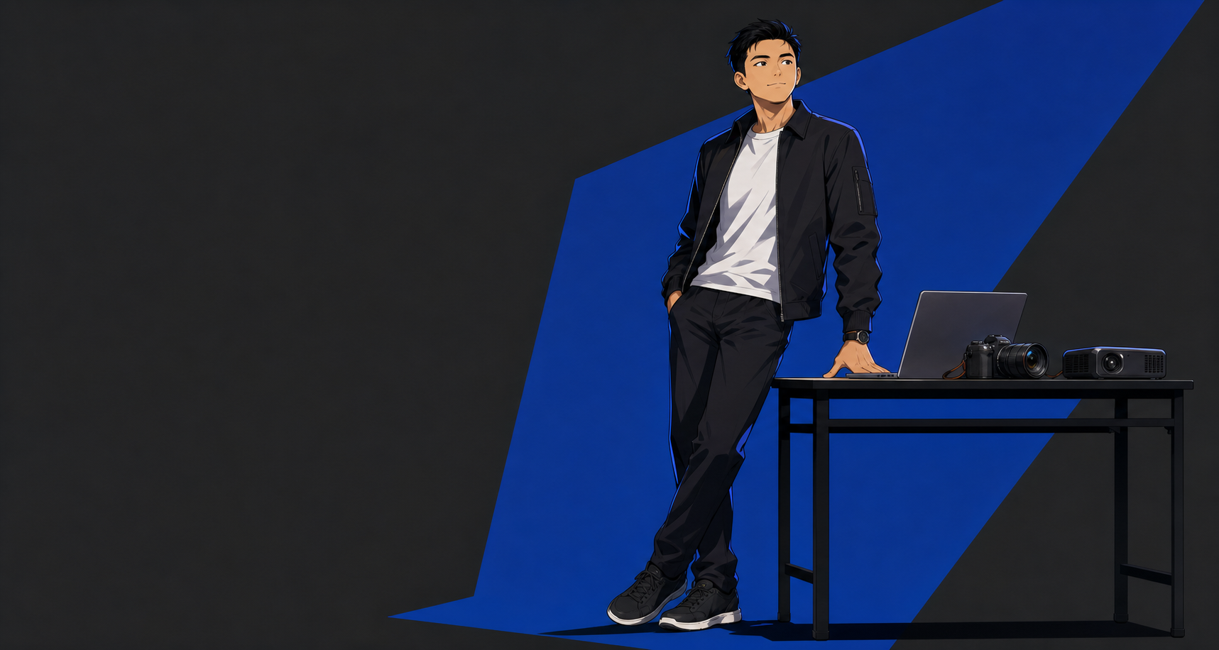 Anime illustration of the Kaynx1 technical creator with a laptop, camera and projector